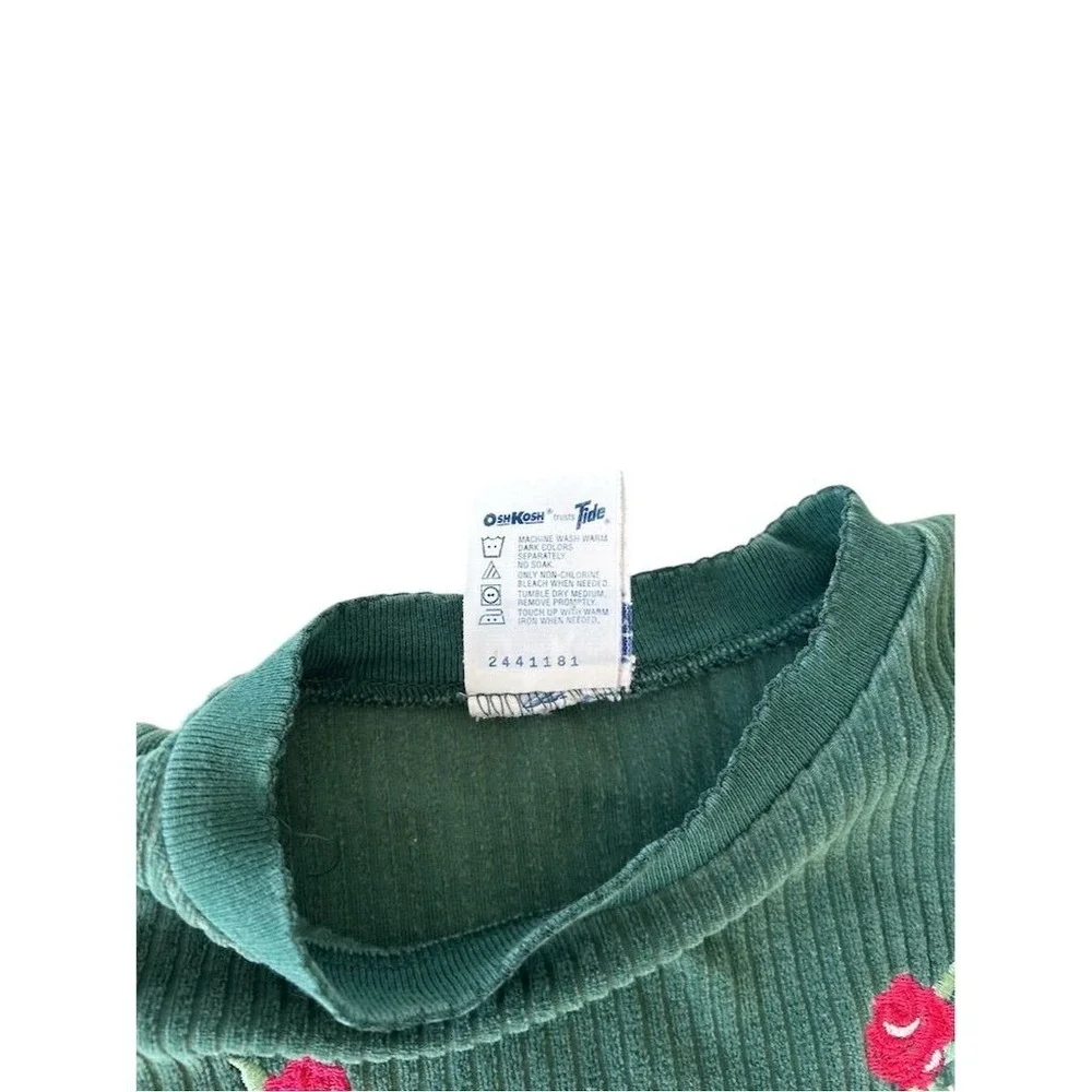 VTG 90s Y2K OshKosh B'gosh 3T Green Corduroy Velour Embroidered Roses USA Made